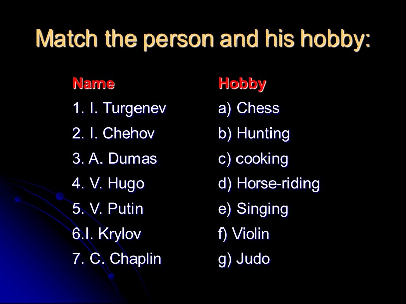 Match the person and his hobby: